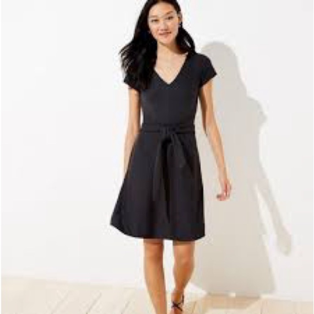 LOFT Black V-Neck Midi Dress with Waist Tie